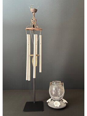 Rustic Metal Wind Chime Leaf Accent & Hummingbird Feeder  Crackled Glass Decor